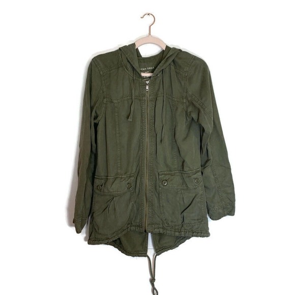 American Eagle Jacket Sz S Full Zip Army Utility Hooded Pocket Green Lightweight - Picture 1 of 7